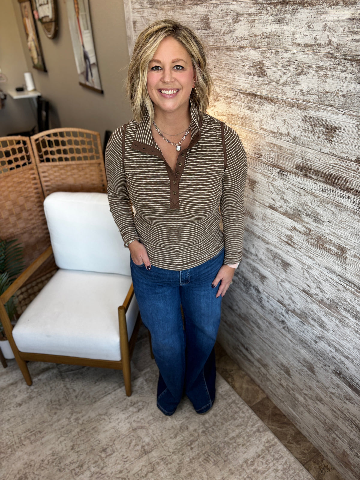Mocha Long Sleeve Striped Henley Top