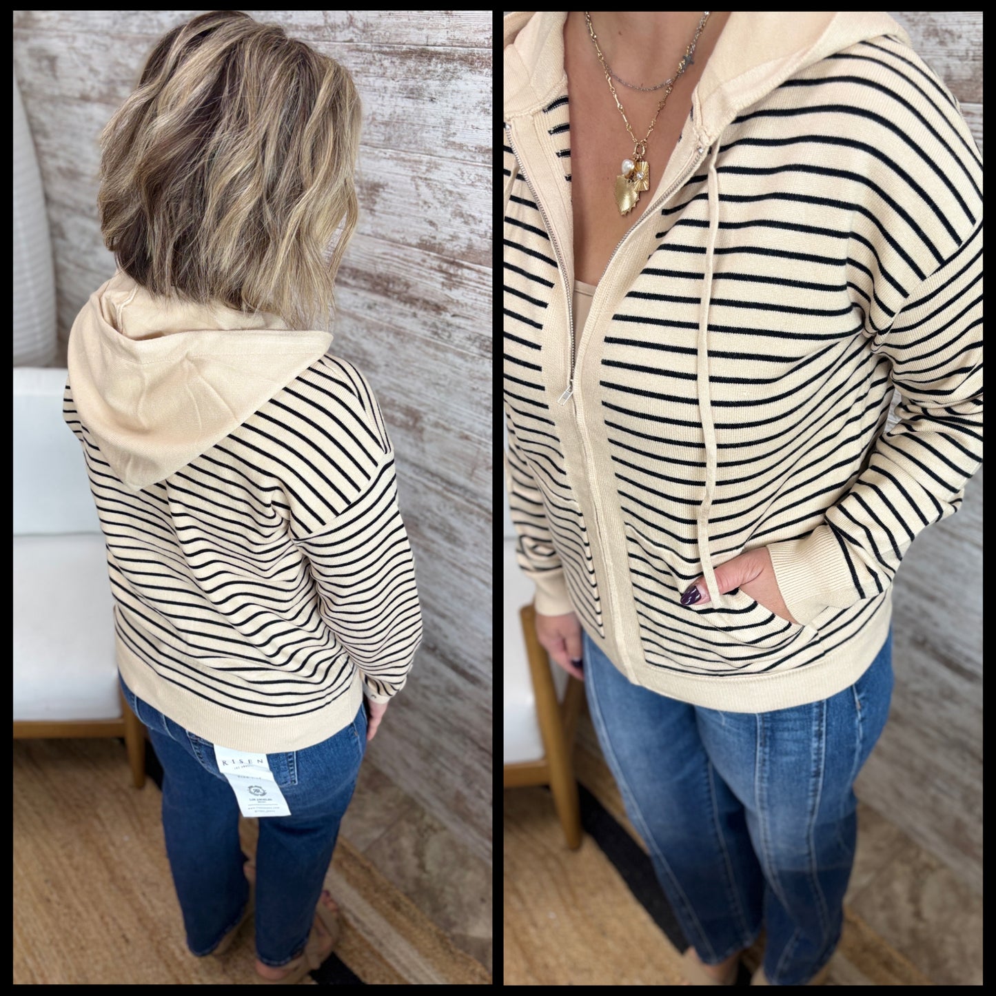 Taupe Striped Zip Up Sweater
