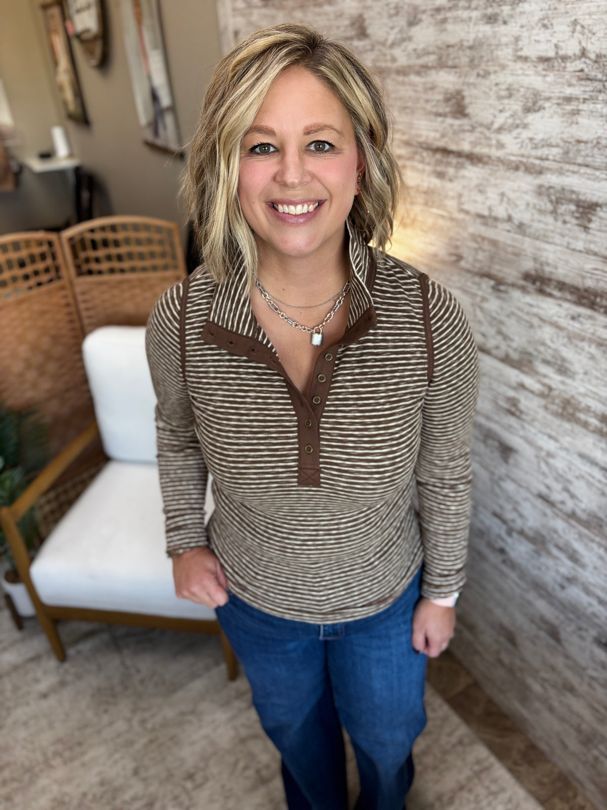 Mocha Long Sleeve Striped Henley Top