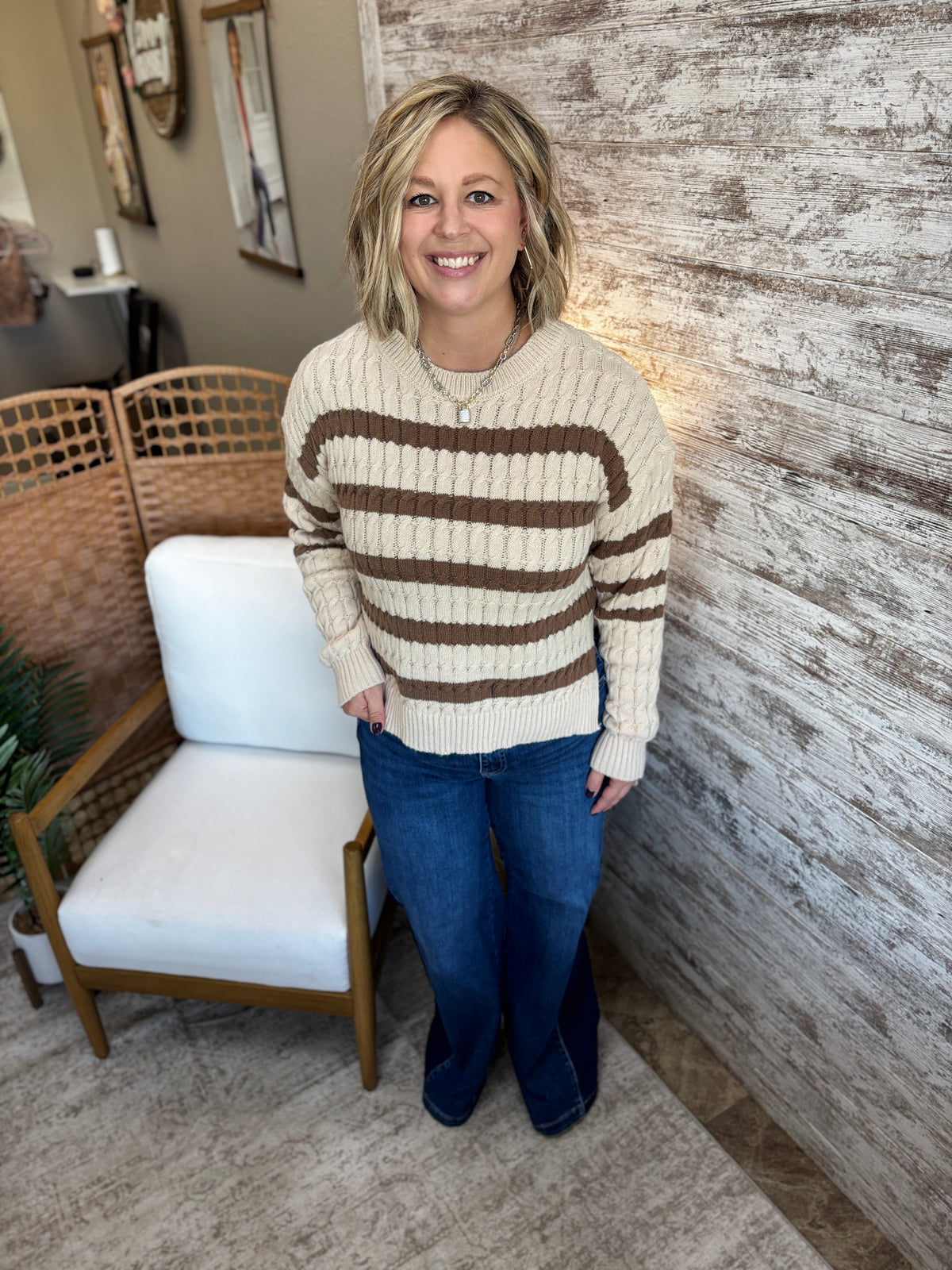Oatmeal/mocha Striped Cable Knit Sweater
