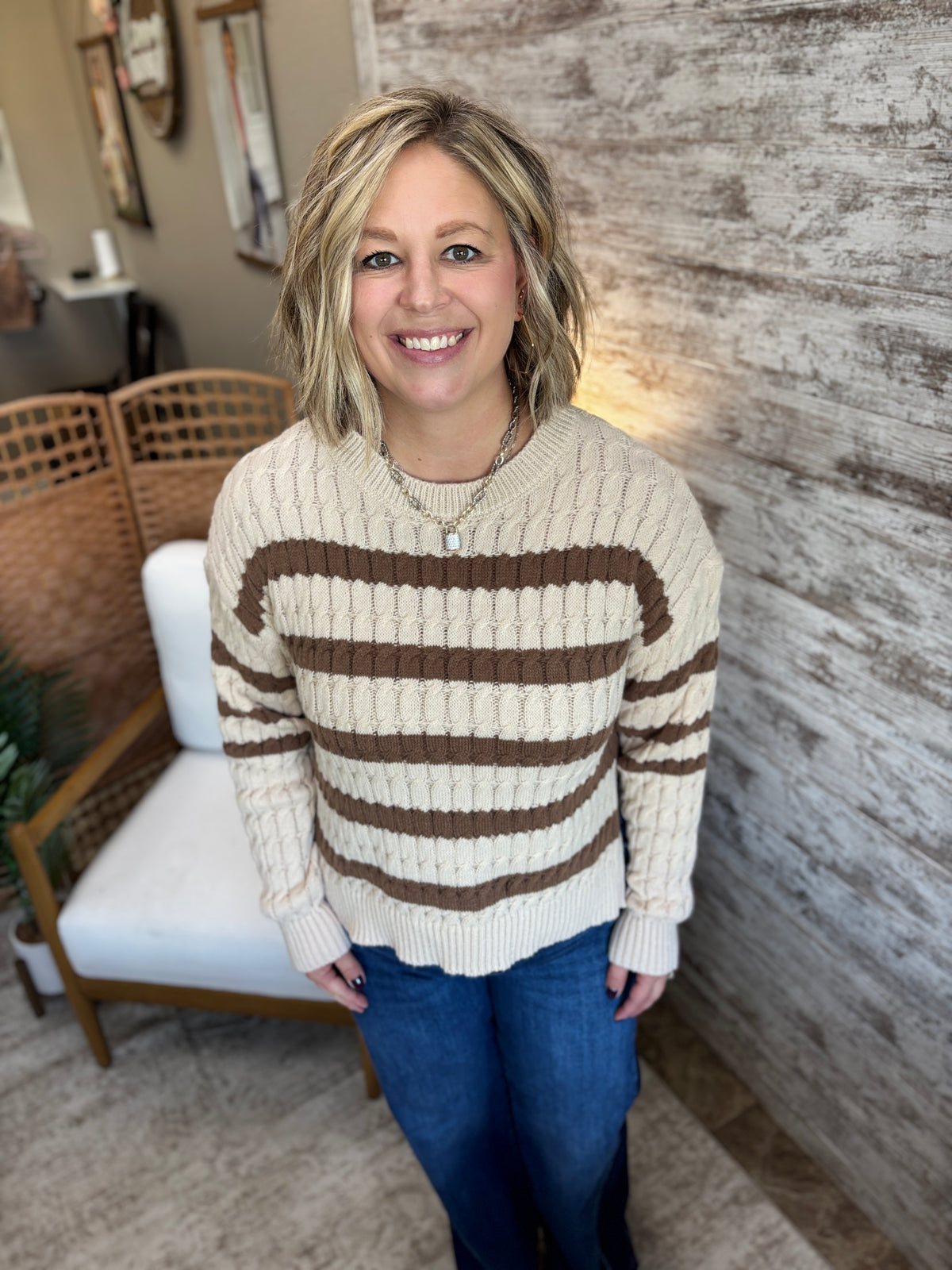 Oatmeal/mocha Striped Cable Knit Sweater