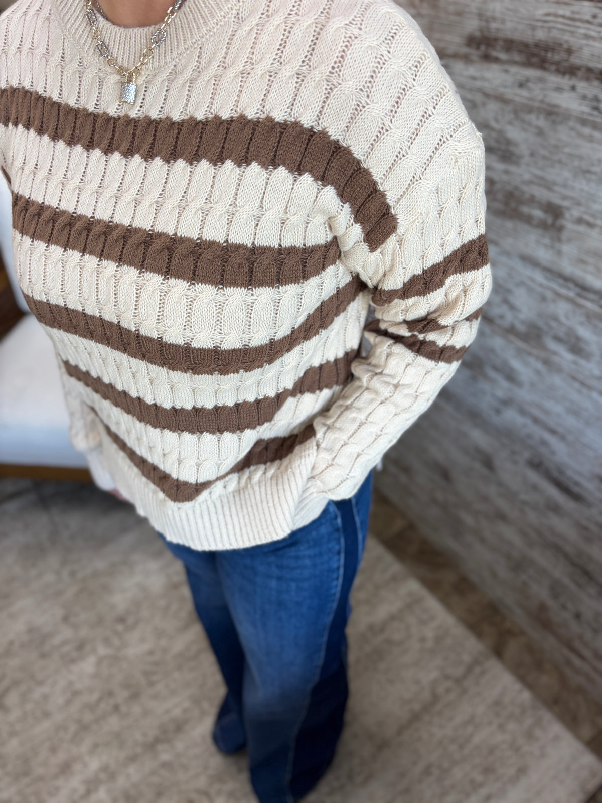 Oatmeal/mocha Striped Cable Knit Sweater