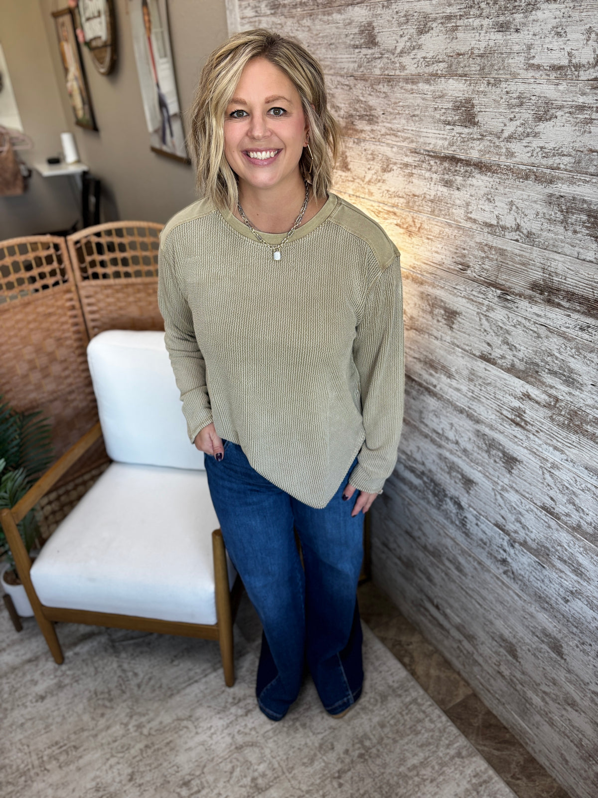 Brown Texture Washed Long Sleeve Knit Top