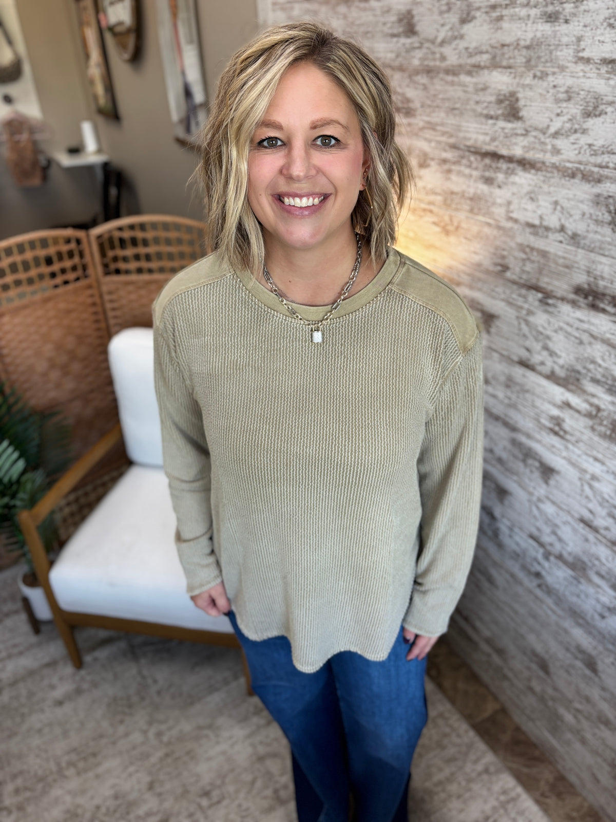 Brown Texture Washed Long Sleeve Knit Top