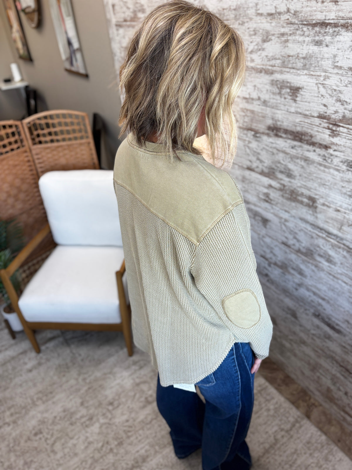 Brown Texture Washed Long Sleeve Knit Top