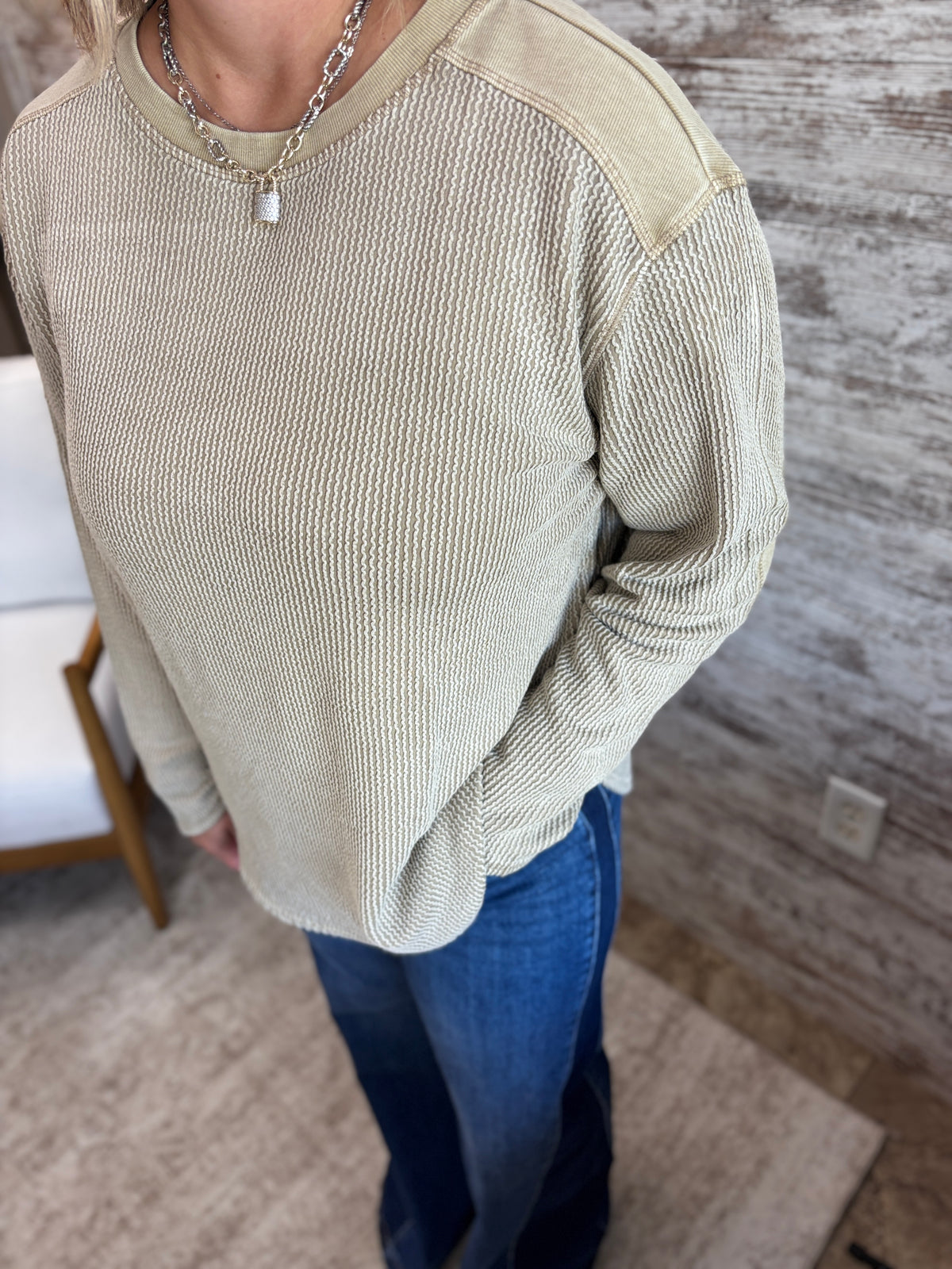 Brown Texture Washed Long Sleeve Knit Top