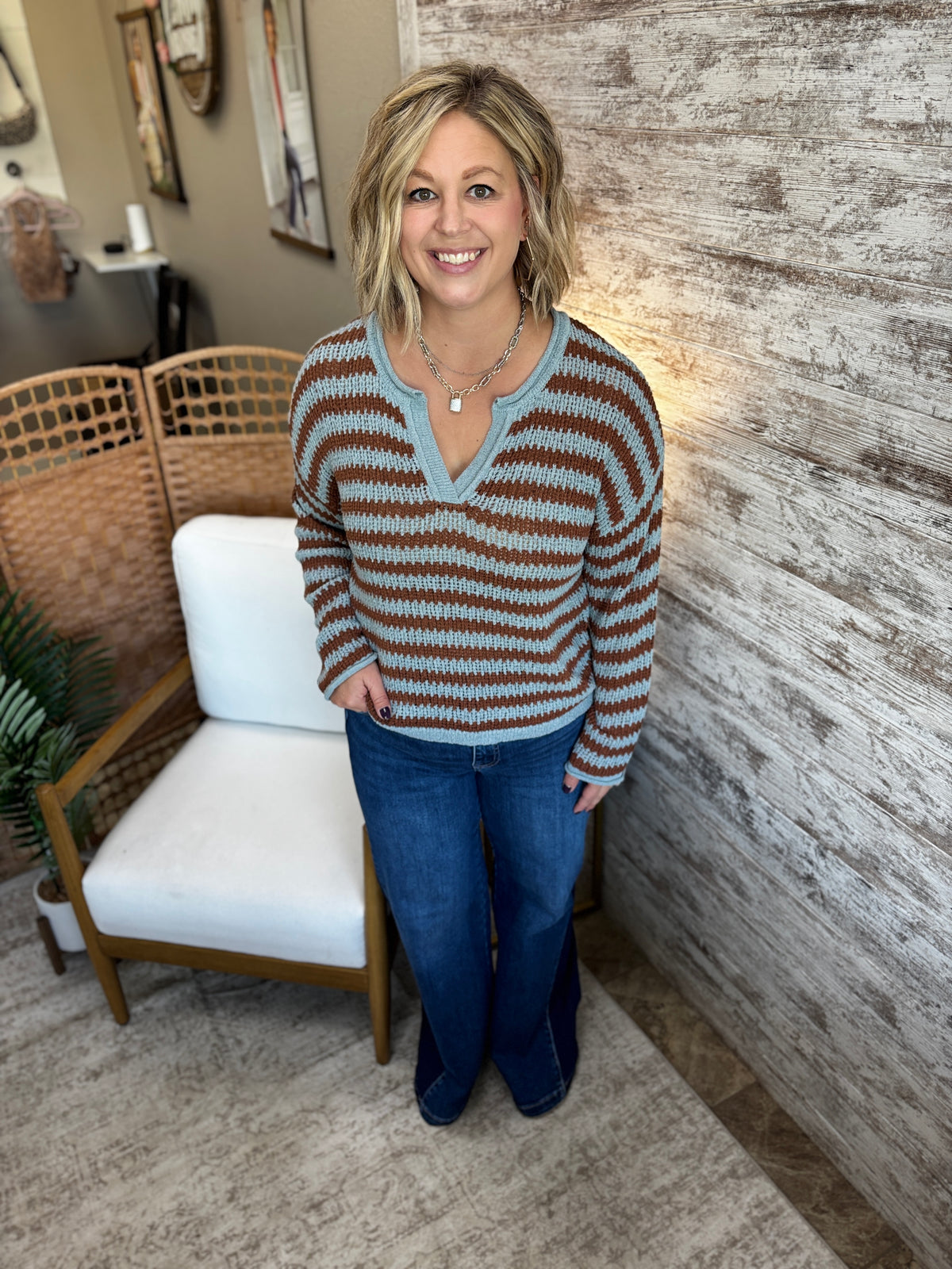 Blue and Brown Stripe Split Neck Sweater