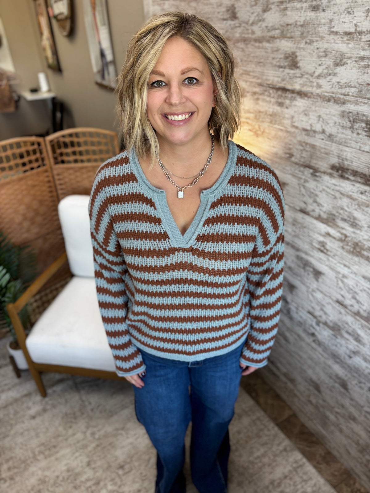 Blue and Brown Stripe Split Neck Sweater