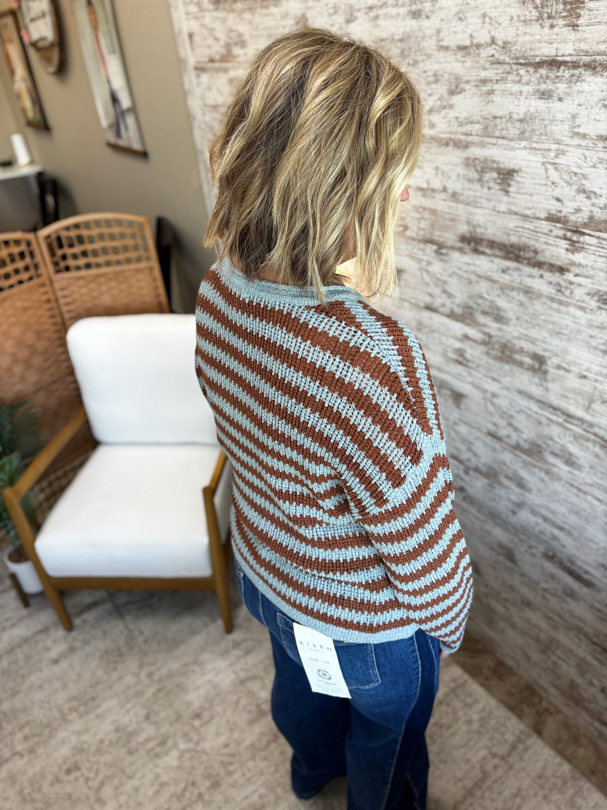 Blue and Brown Stripe Split Neck Sweater