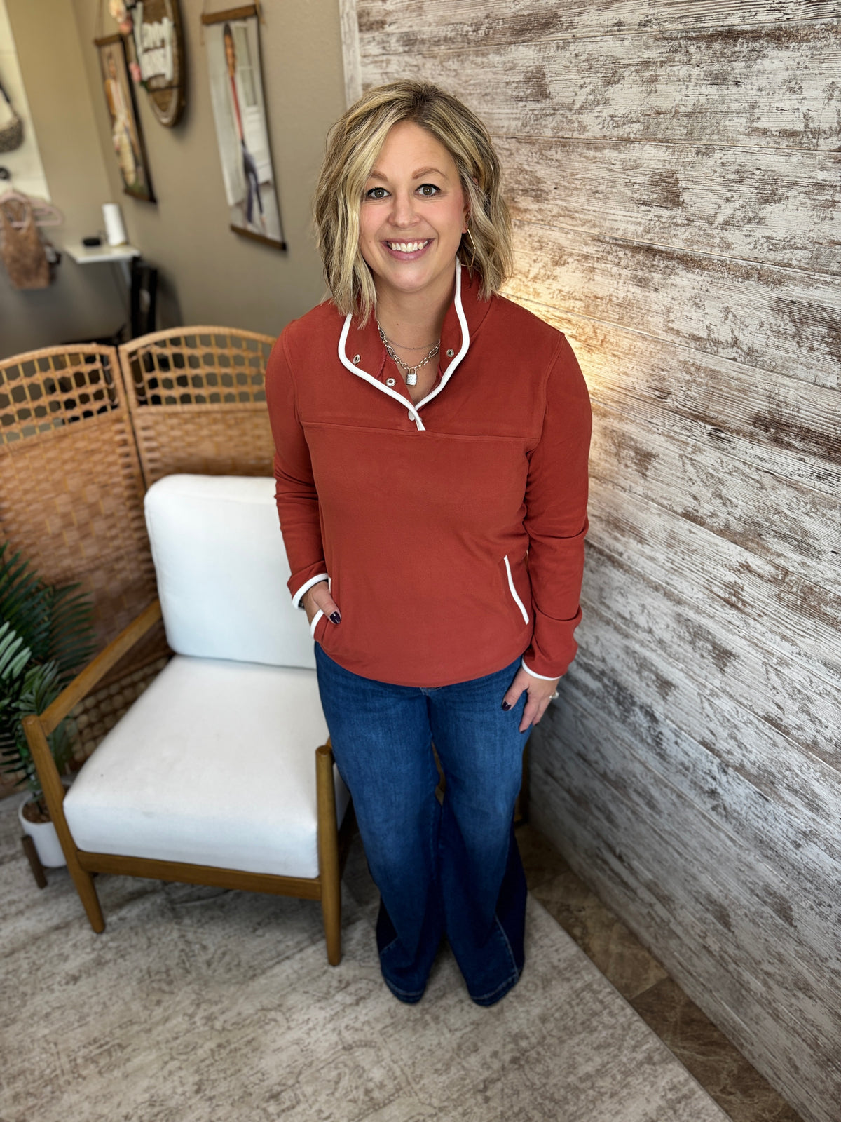 Rust Half Snap Funnel Neck Pullover