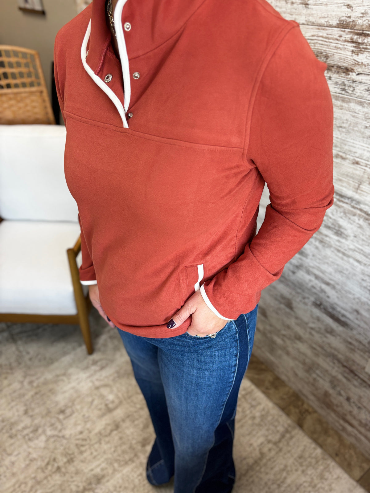 Rust Half Snap Funnel Neck Pullover