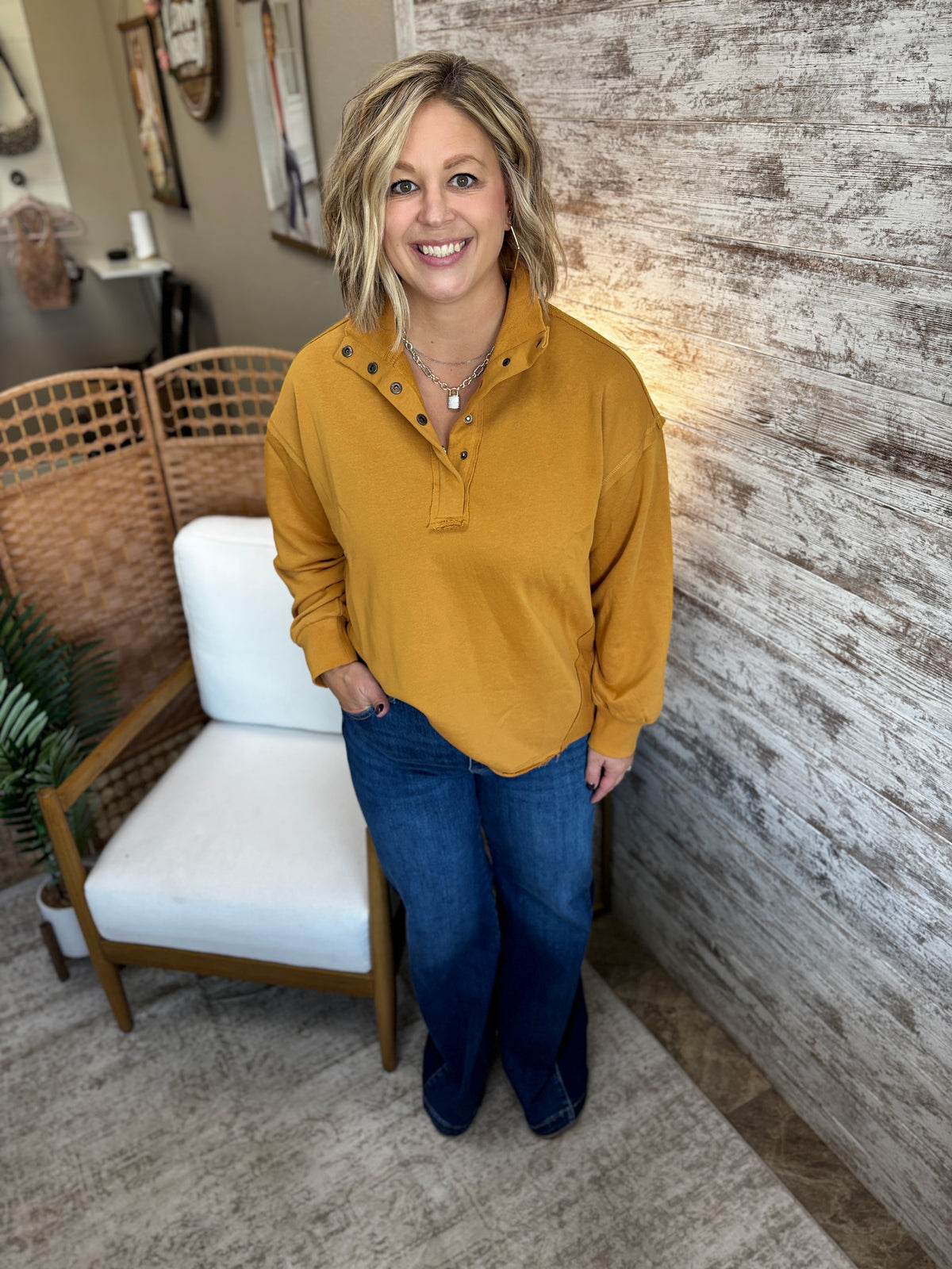Mustard Funnel Neck Snap Button Sweatshirt