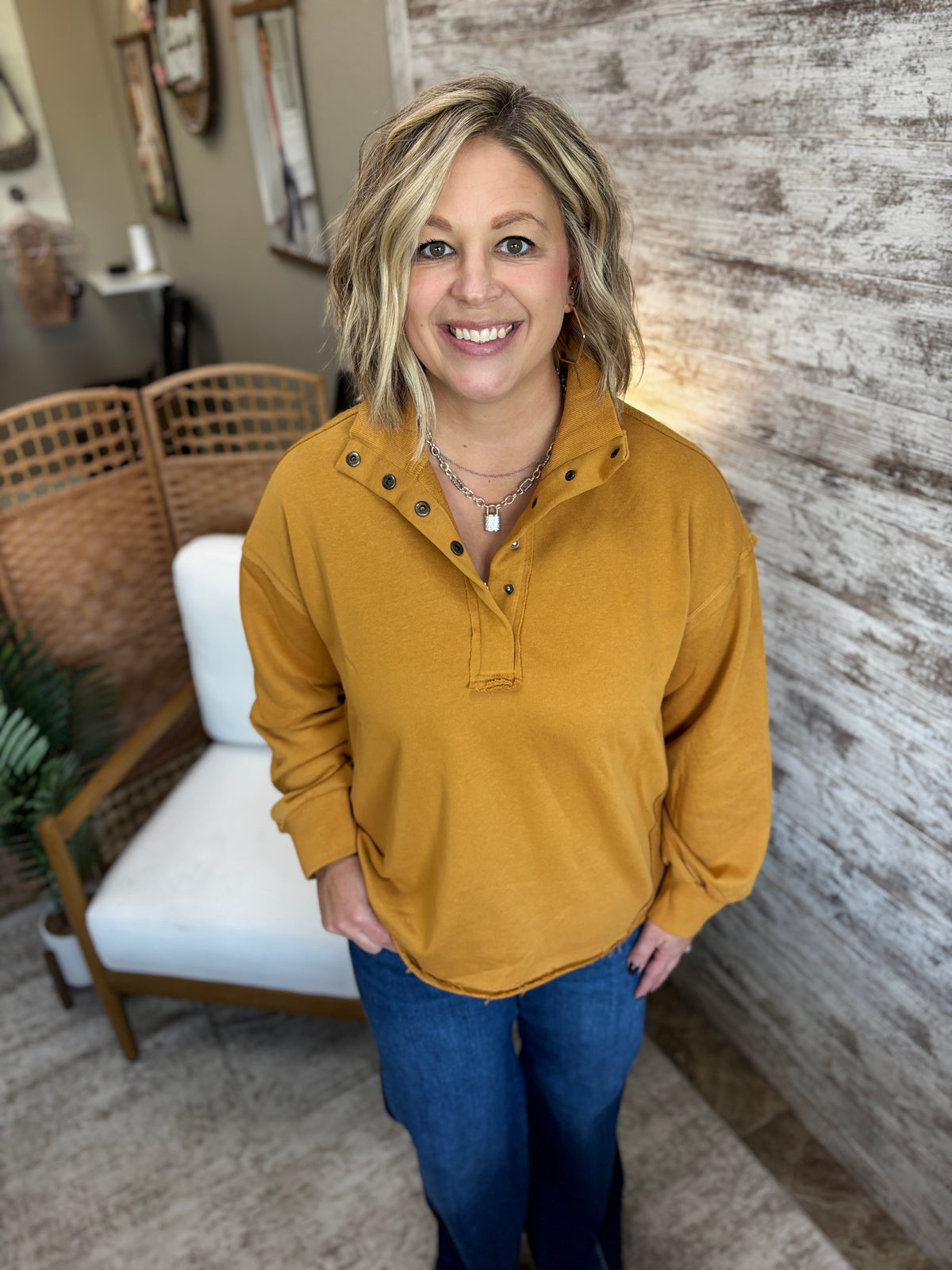 Mustard Funnel Neck Snap Button Sweatshirt