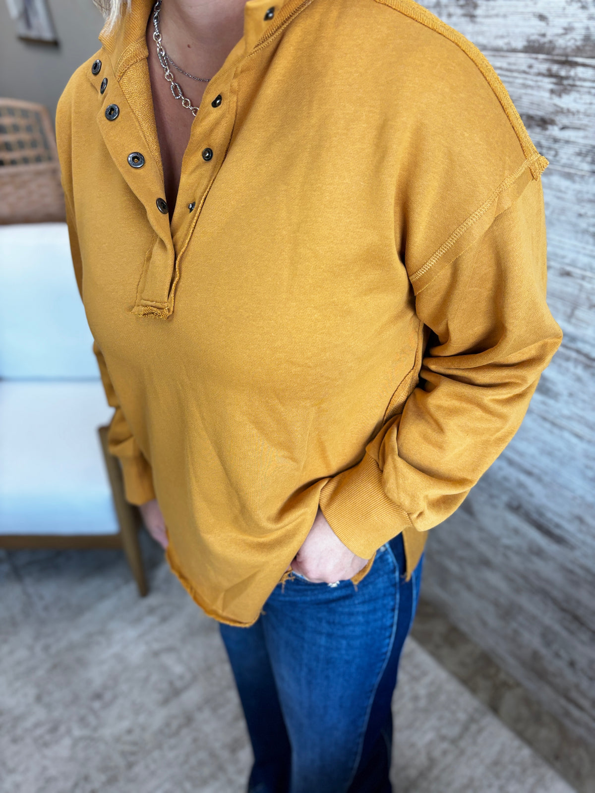 Mustard Funnel Neck Snap Button Sweatshirt