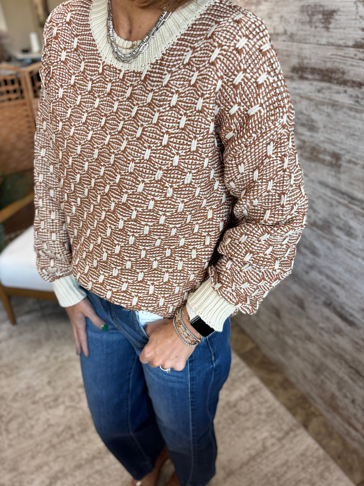 Rust Two Toned Texture Weave Sweater
