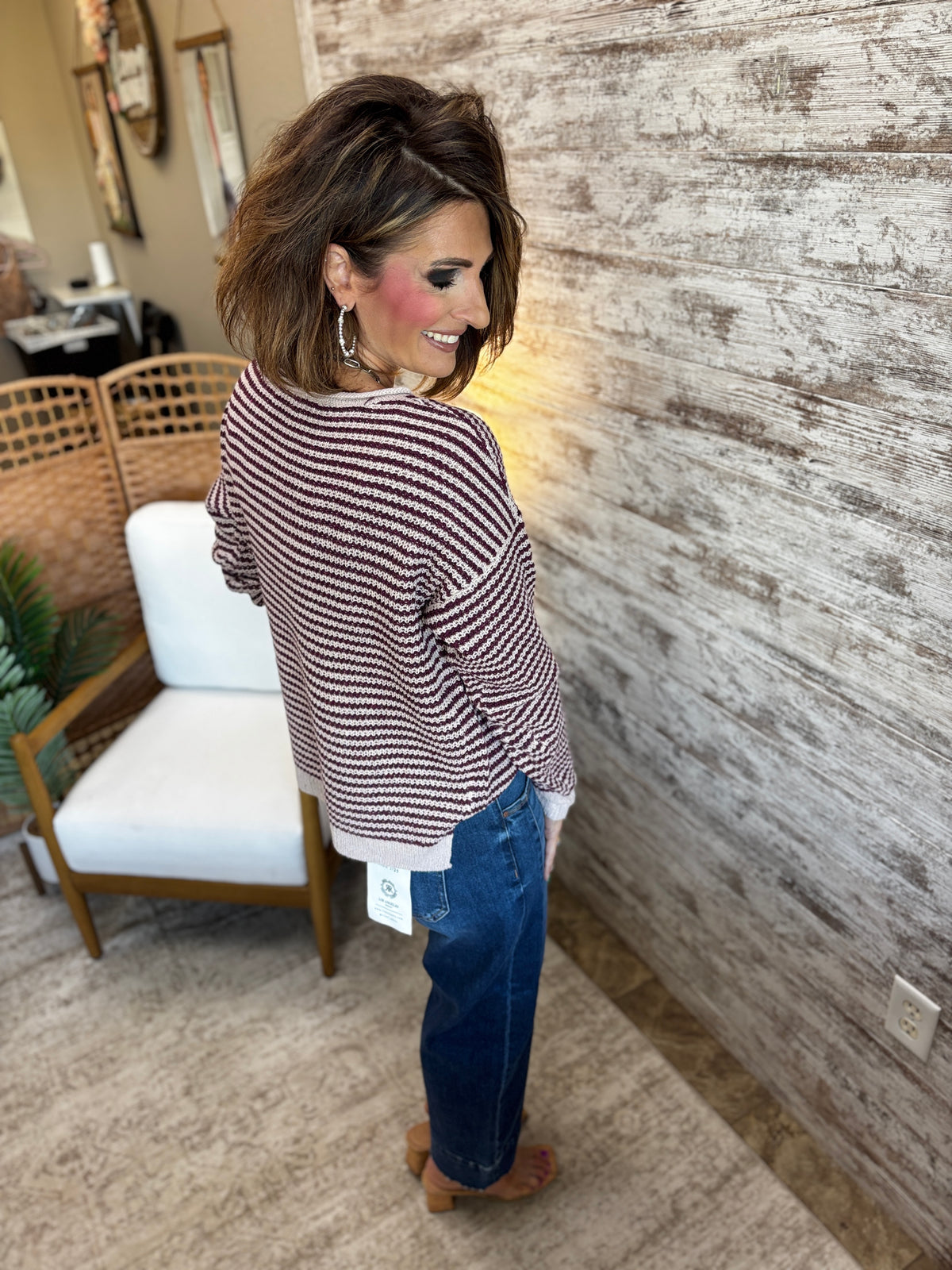 Plum Split Neck Pinstriped Sweater