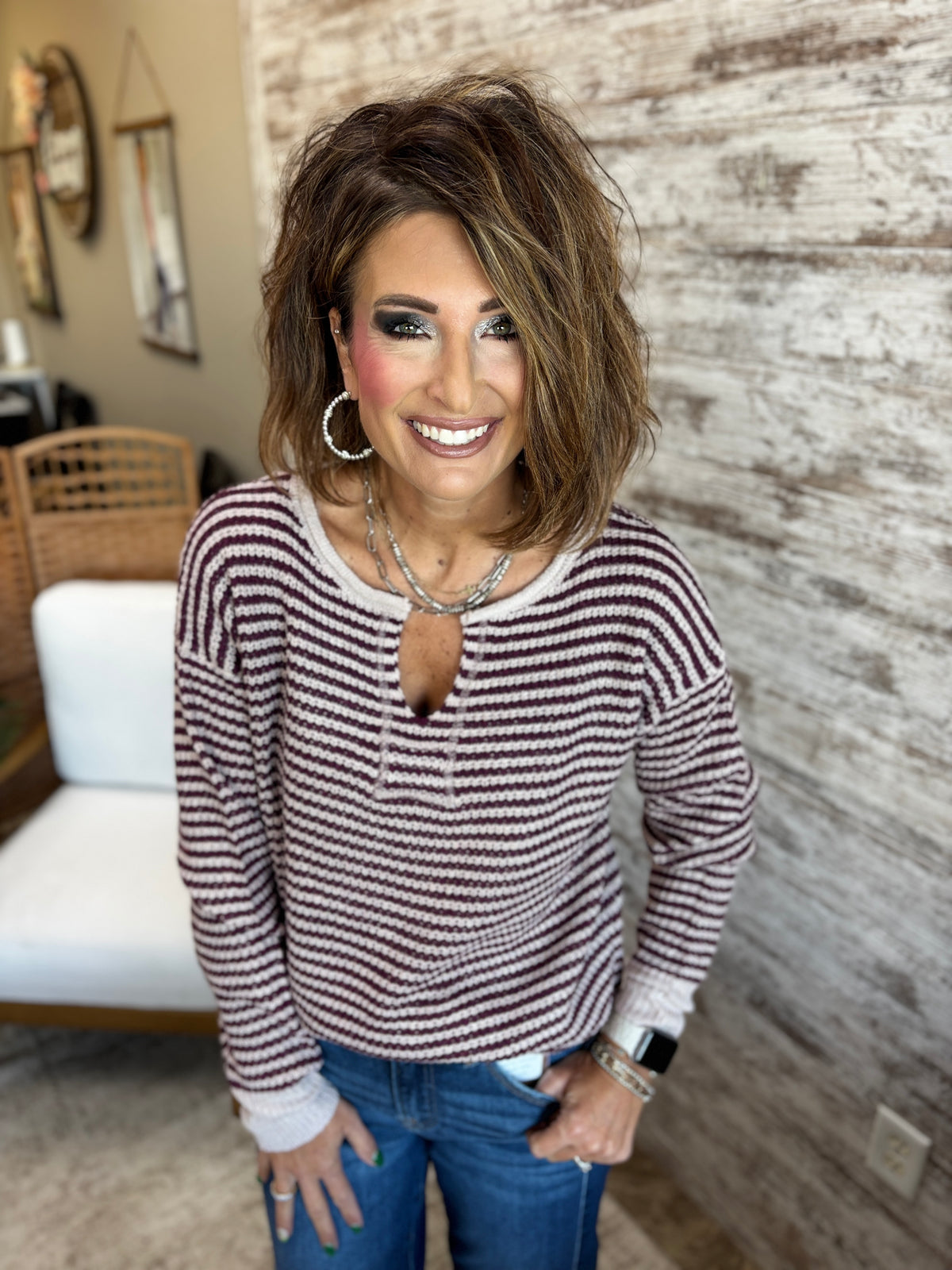 Plum Split Neck Pinstriped Sweater