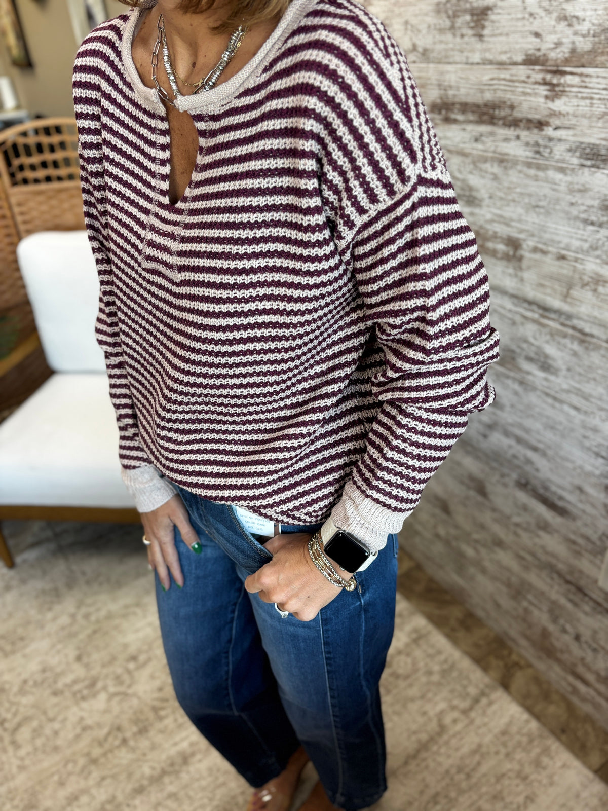 Plum Split Neck Pinstriped Sweater
