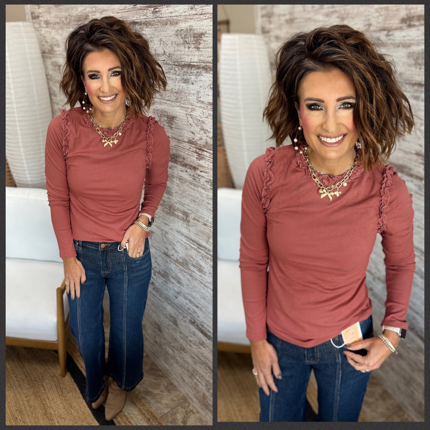 Marsala Ribbed Long Sleeve Ruffle Top