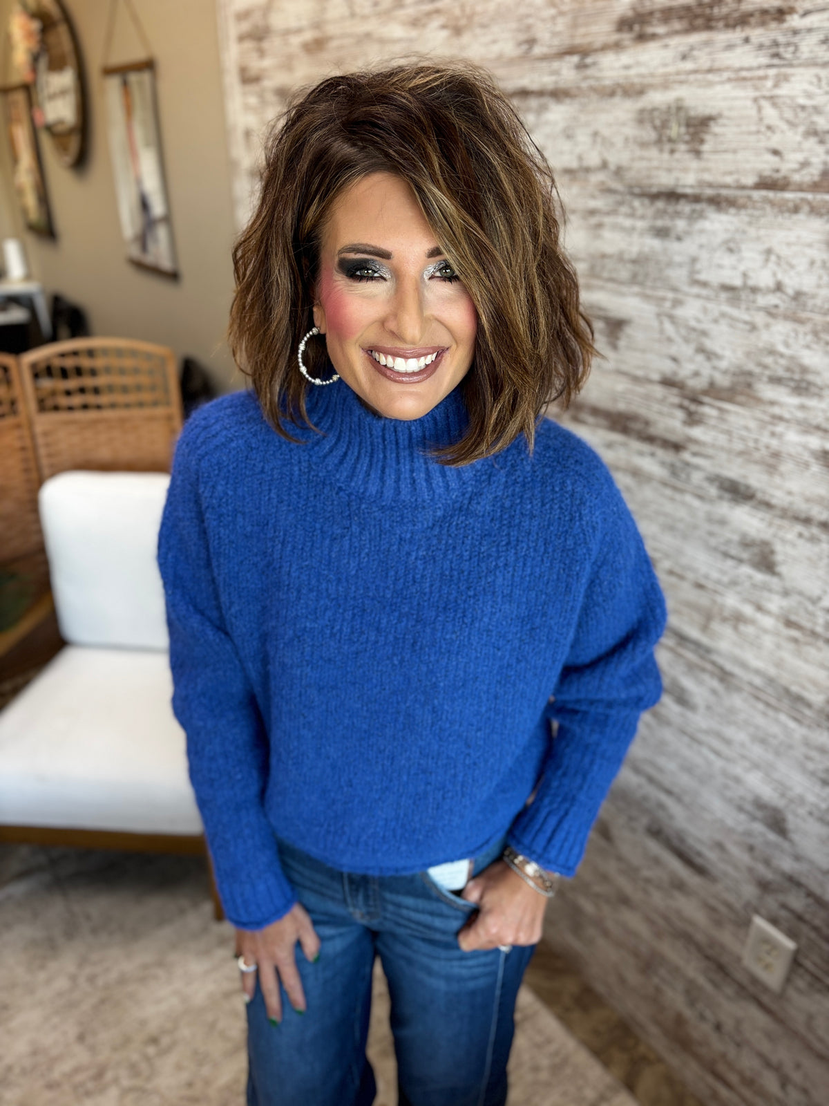 Colbalt Soft Brushed Mock Neck Sweater