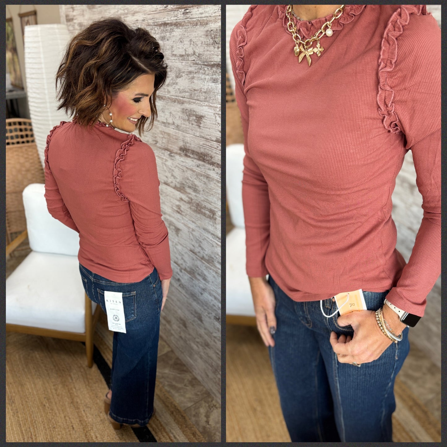 Marsala Ribbed Long Sleeve Ruffle Top