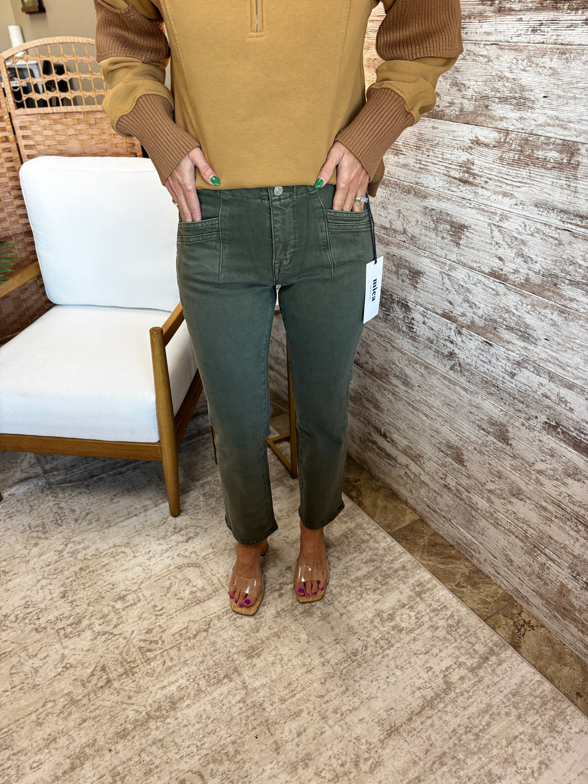 Mica Olive Mid Rise Straight Jeans