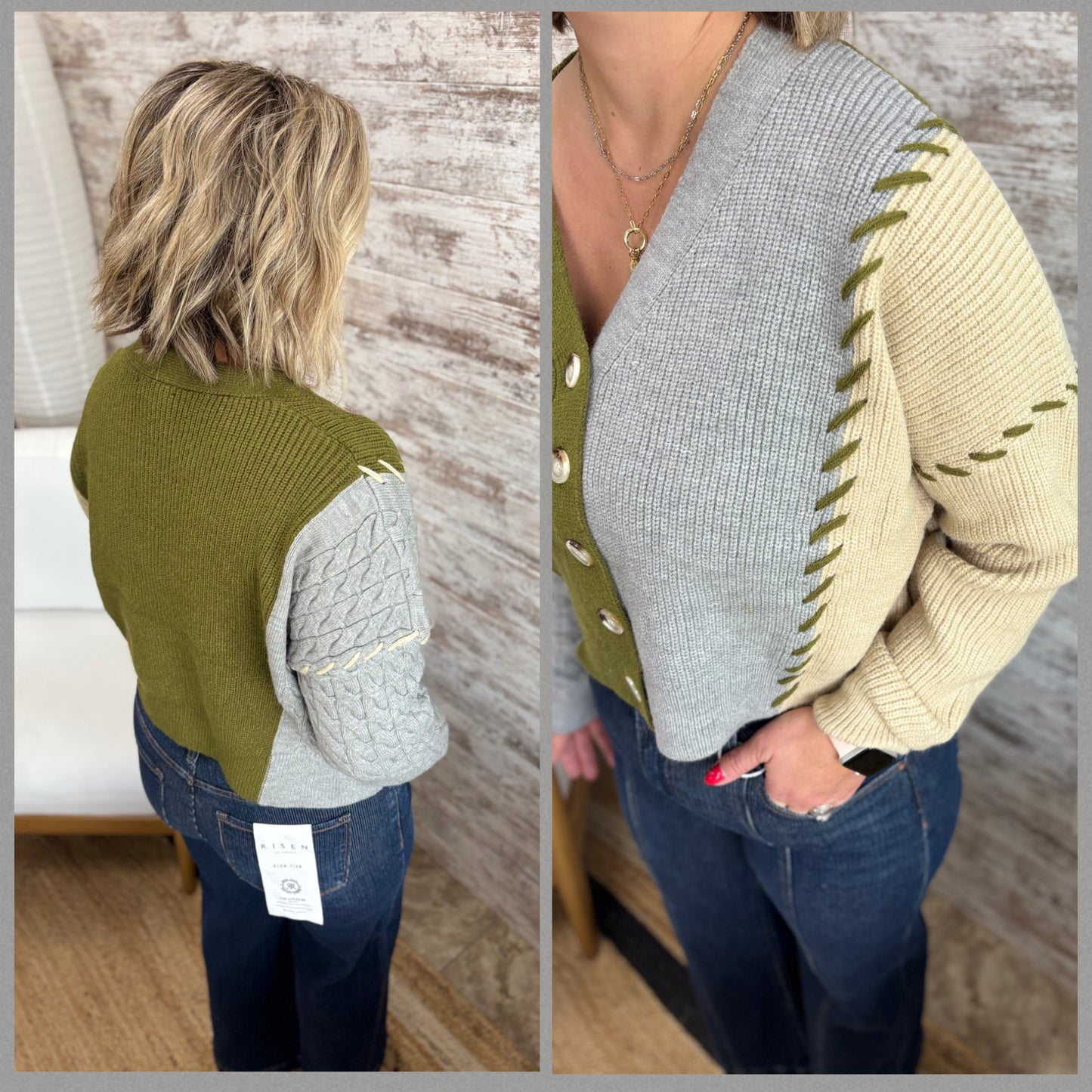 Olive Green, Lt Grey and Beige Patchwork Cardigan