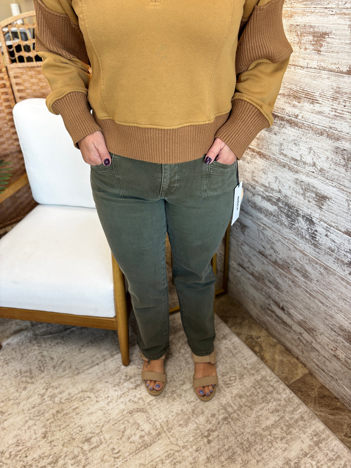 Mica Olive Mid Rise Straight Jeans