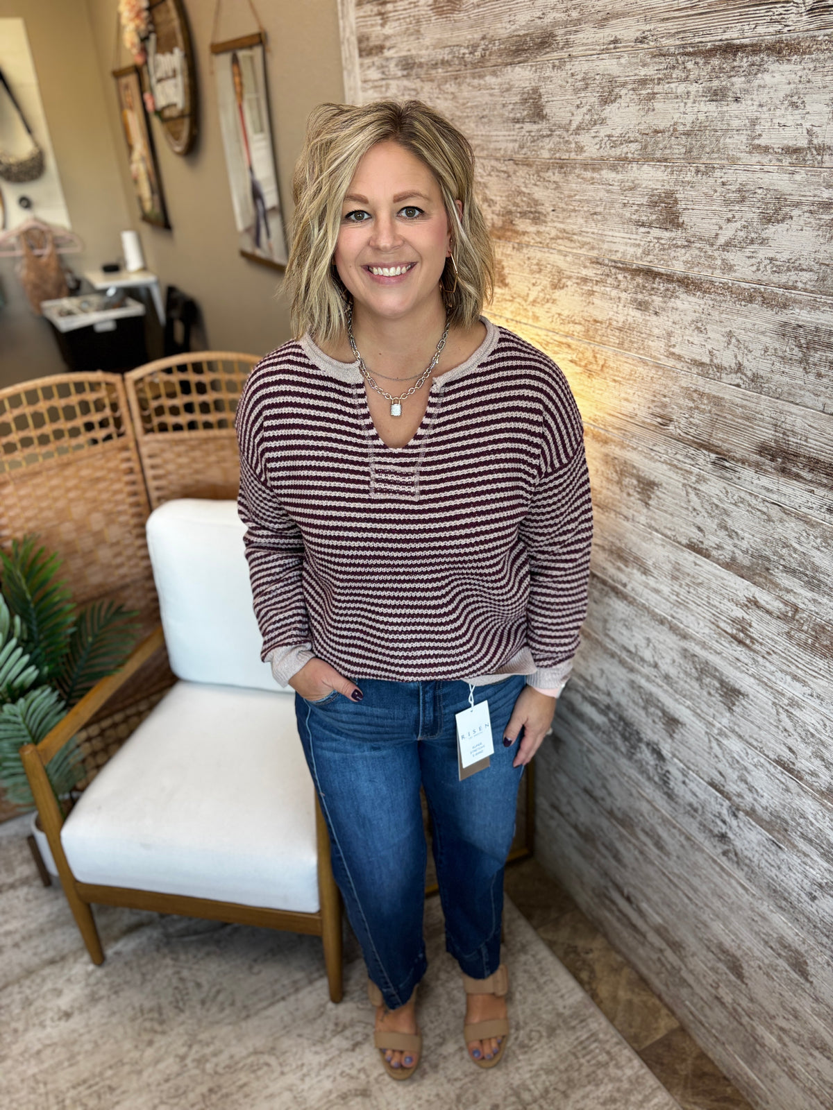 Plum Split Neck Pinstriped Sweater
