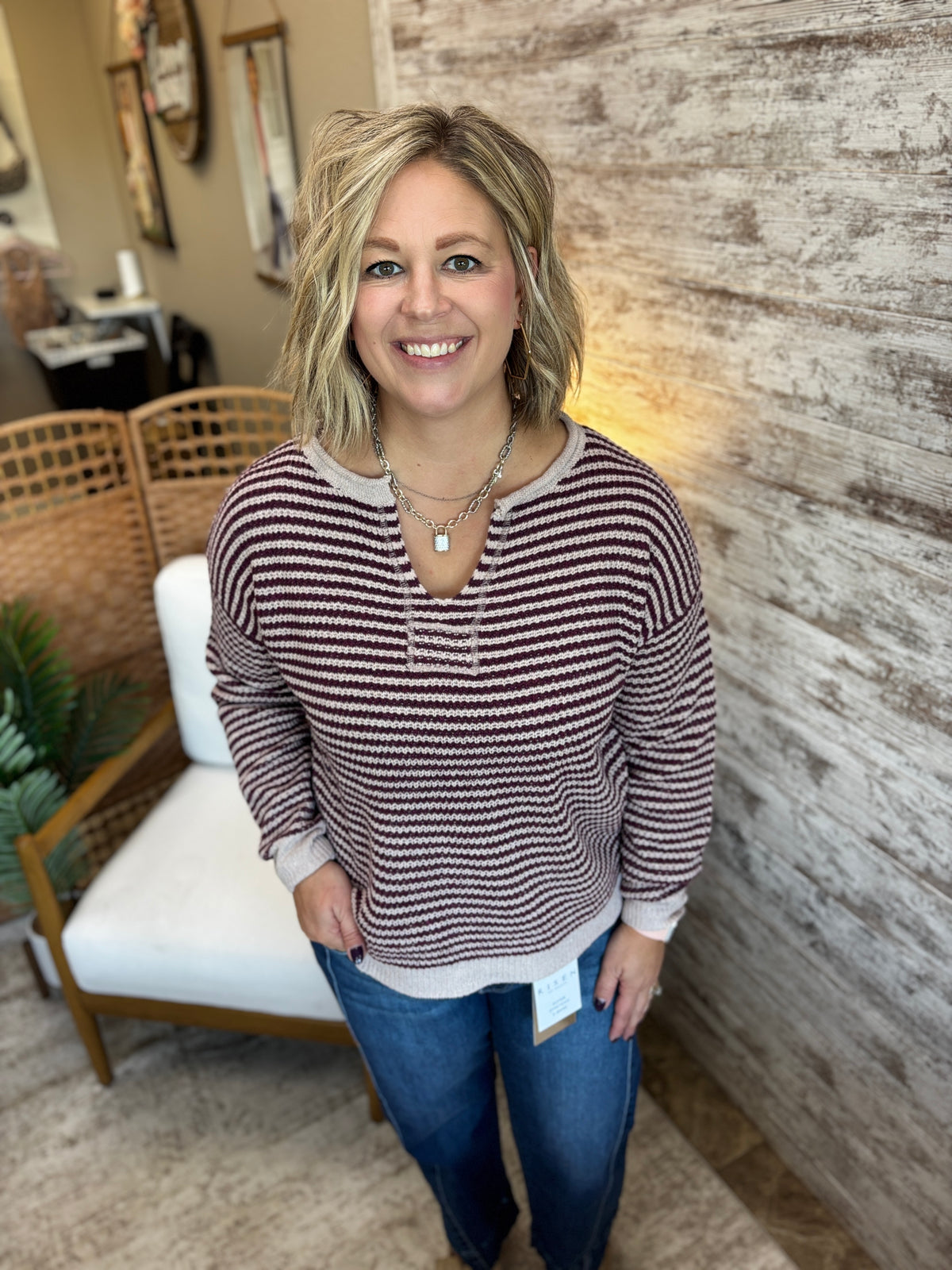 Plum Split Neck Pinstriped Sweater