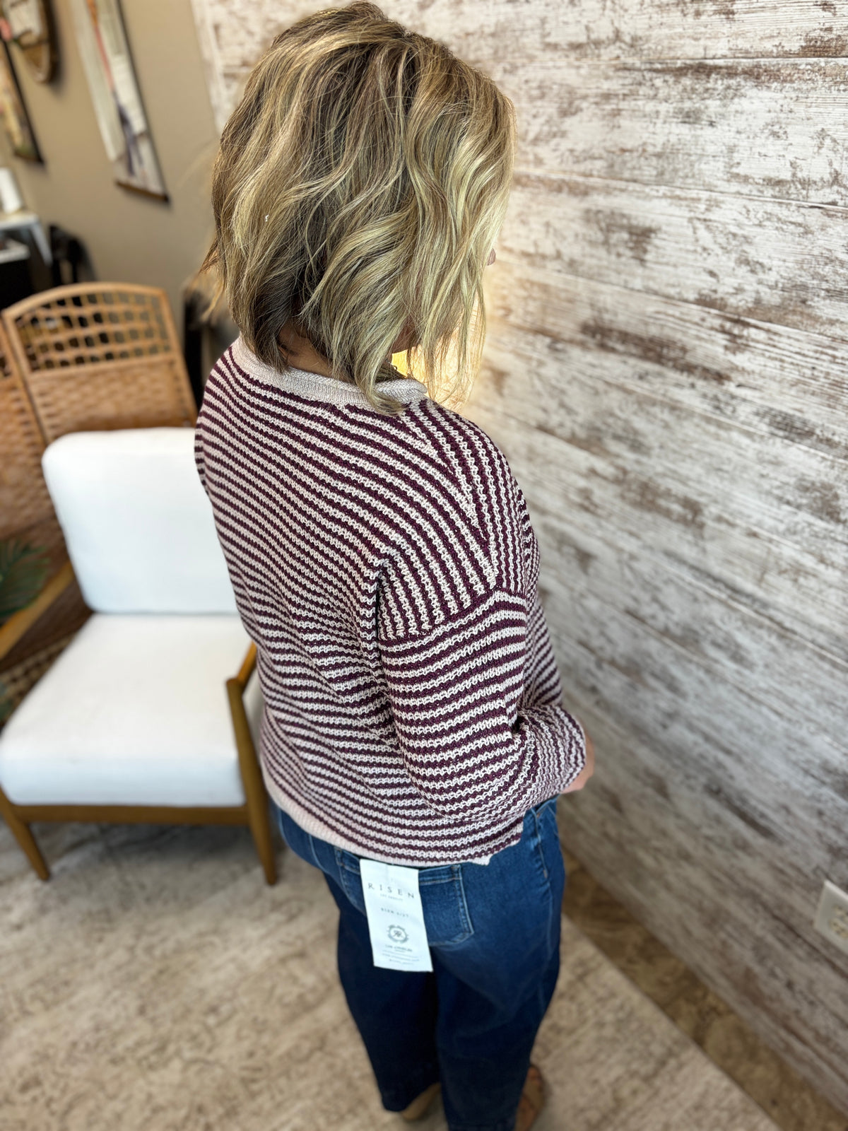 Plum Split Neck Pinstriped Sweater