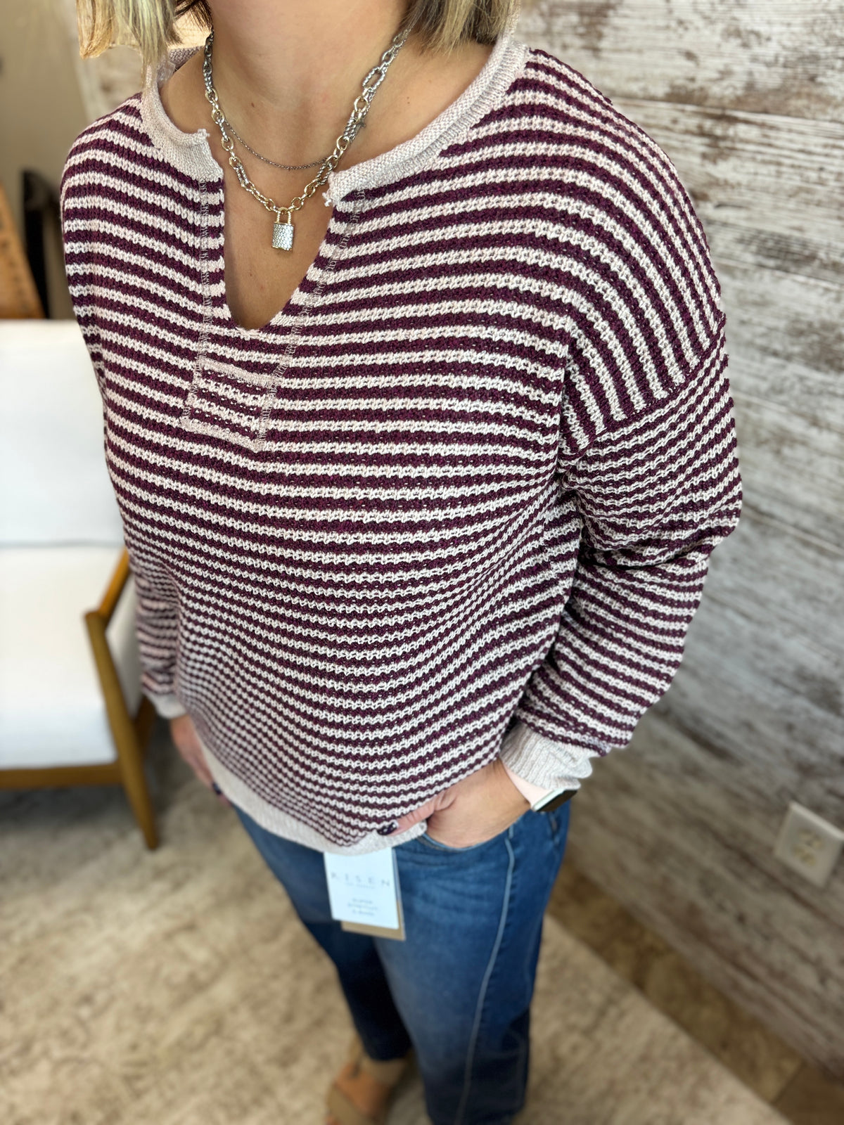 Plum Split Neck Pinstriped Sweater