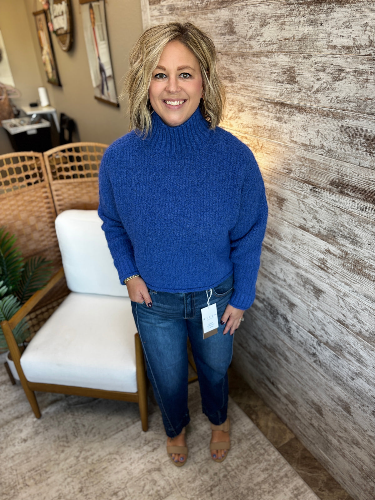 Colbalt Soft Brushed Mock Neck Sweater