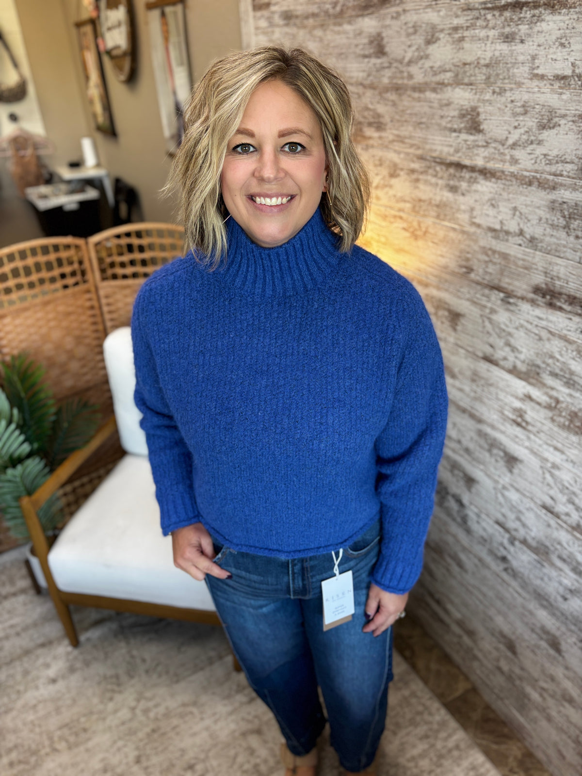 Colbalt Soft Brushed Mock Neck Sweater