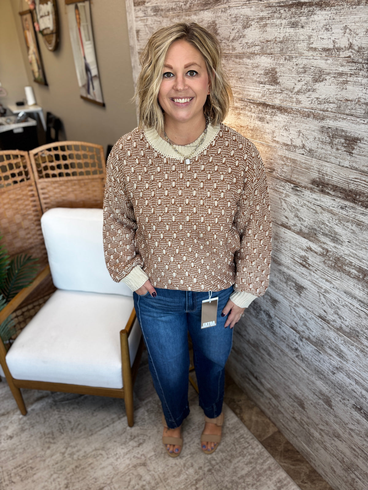 Rust Two Toned Texture Weave Sweater