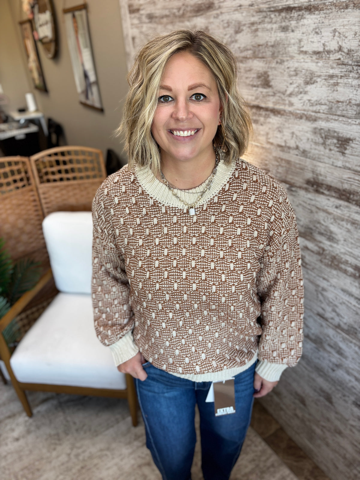 Rust Two Toned Texture Weave Sweater