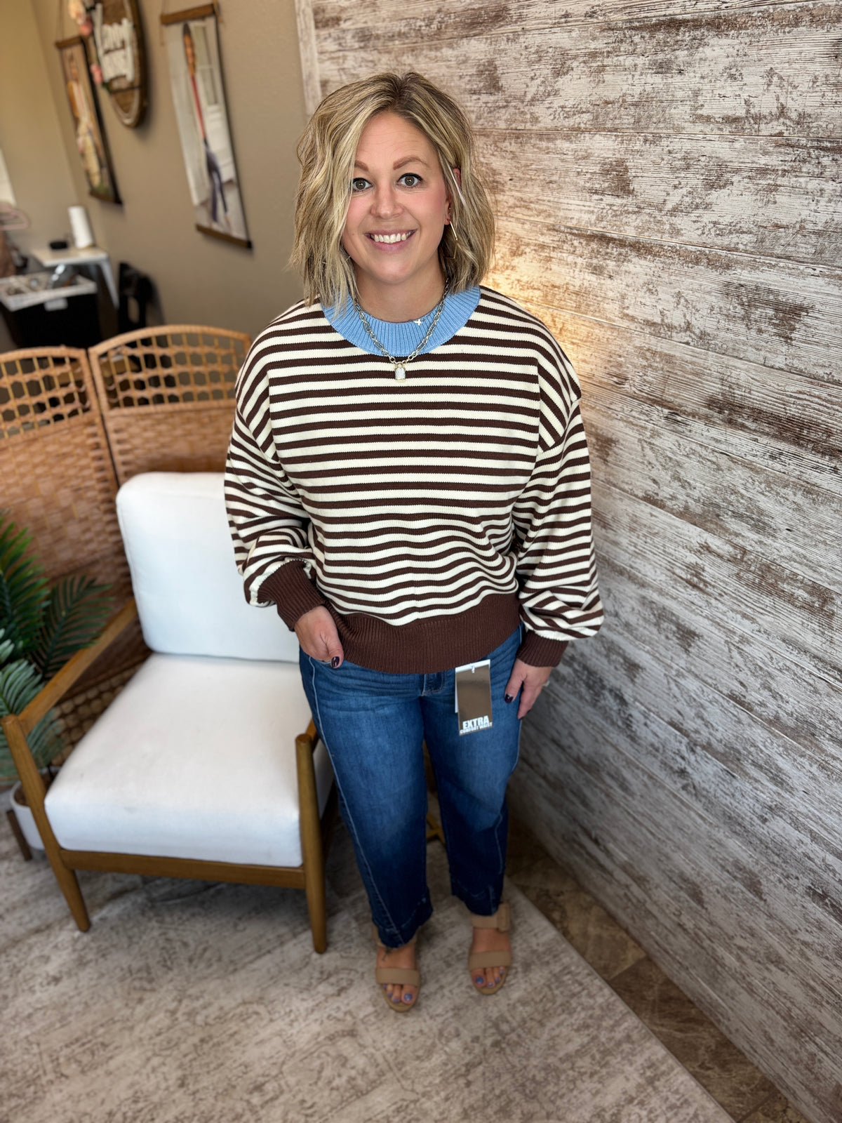 Brown/Cream Mock Neck Striped Sweater