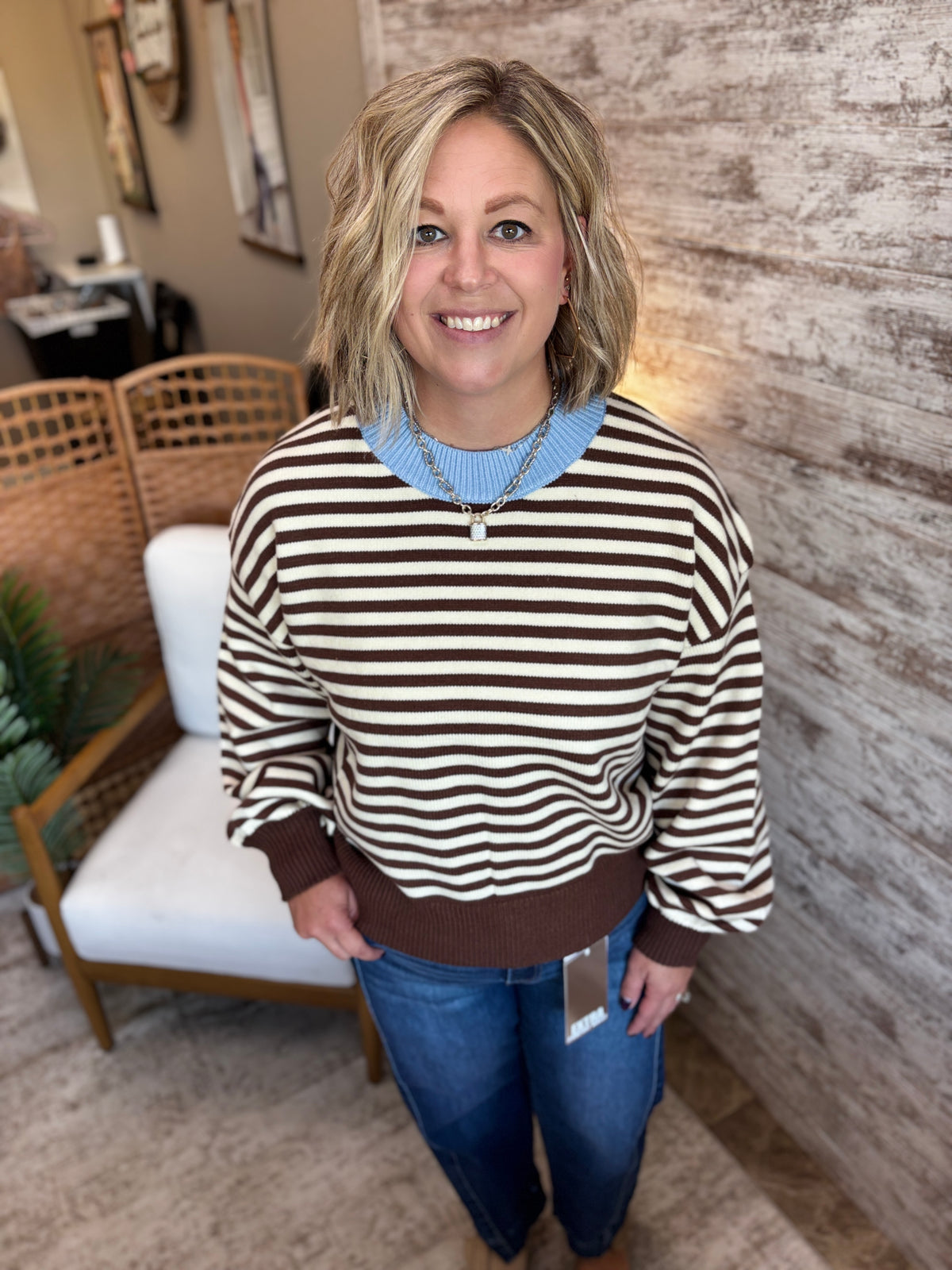 Brown/Cream Mock Neck Striped Sweater