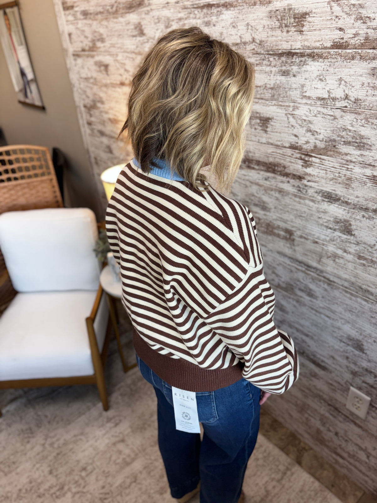 Brown/Cream Mock Neck Striped Sweater