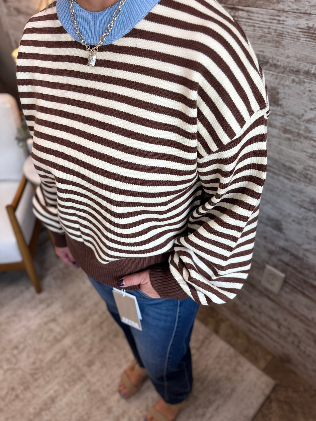 Brown/Cream Mock Neck Striped Sweater