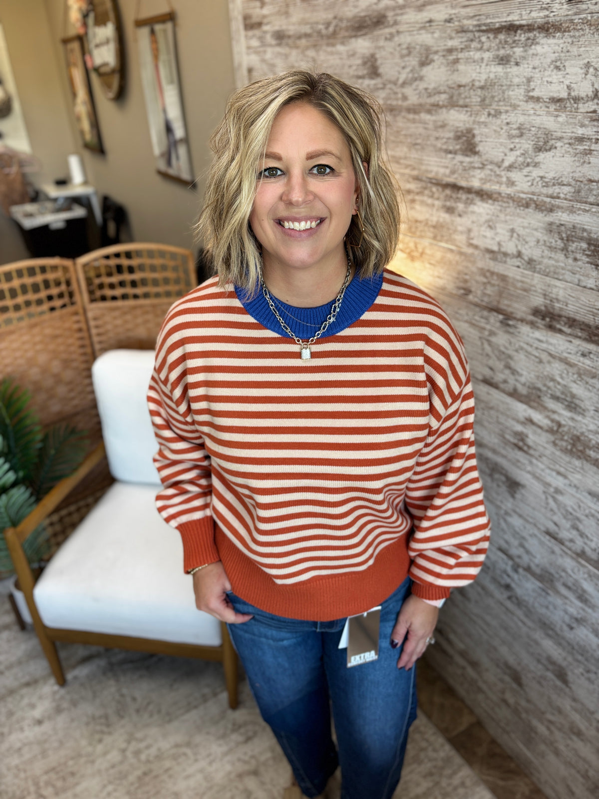 Pumpkin Mock Neck Striped Sweater