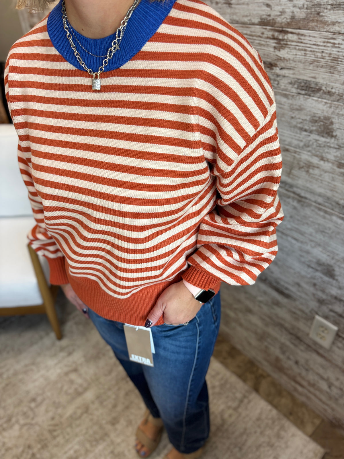 Pumpkin Mock Neck Striped Sweater