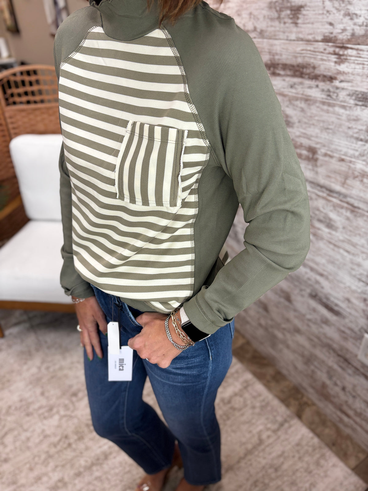 Olive Striped and Rib Mix Mock Neck Top