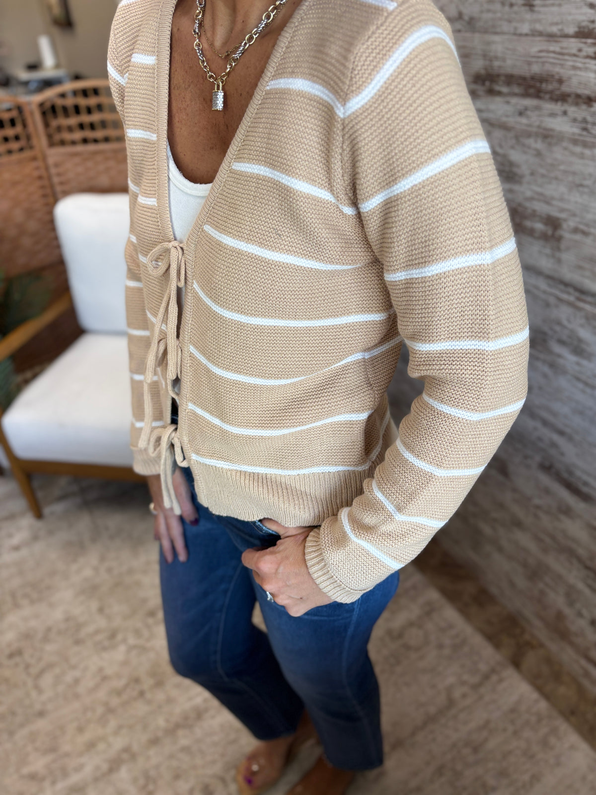 Taupe/Ivory Bow Tie Cardigan