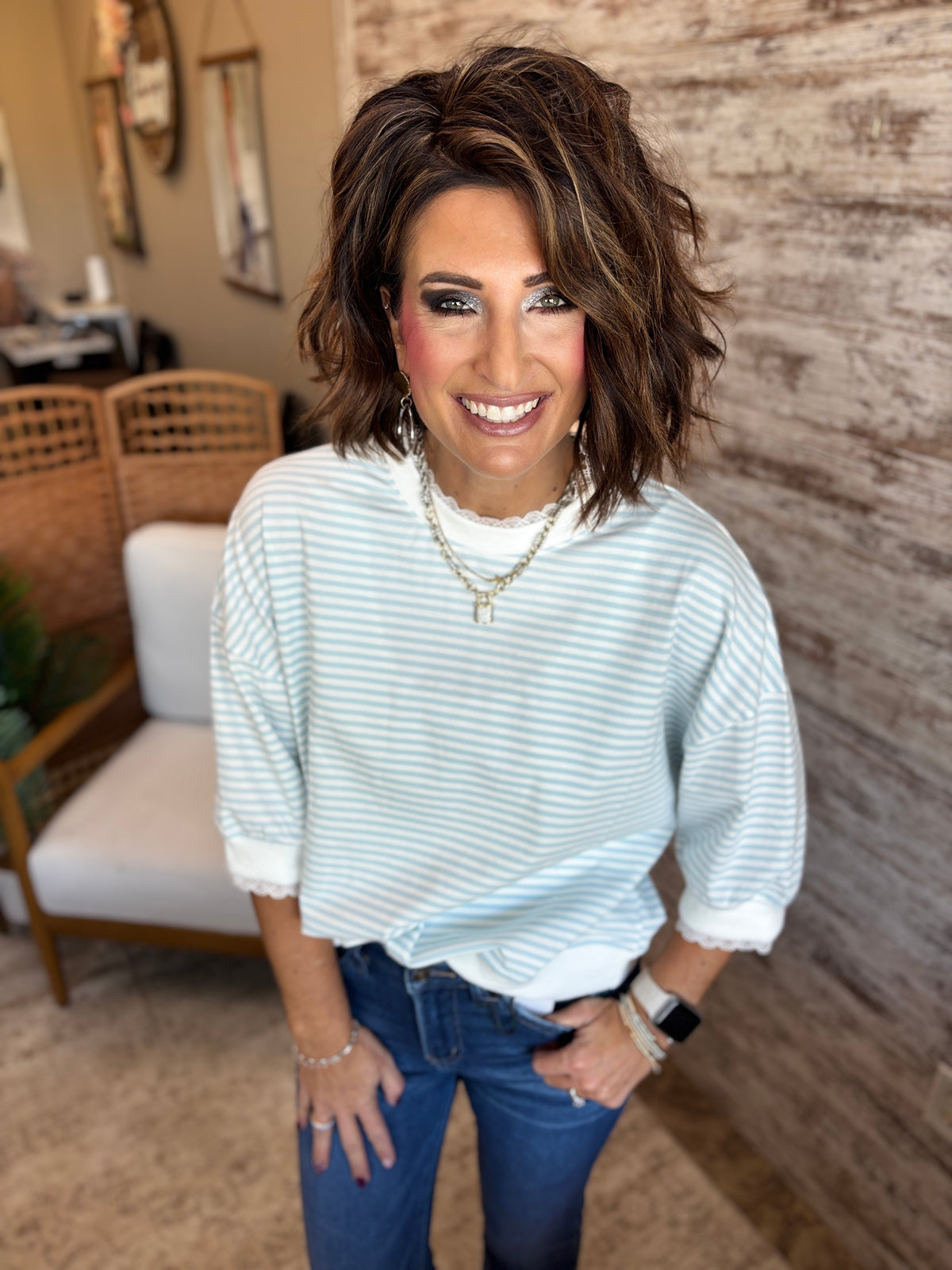 Light Blue Striped Top with Lace Trim