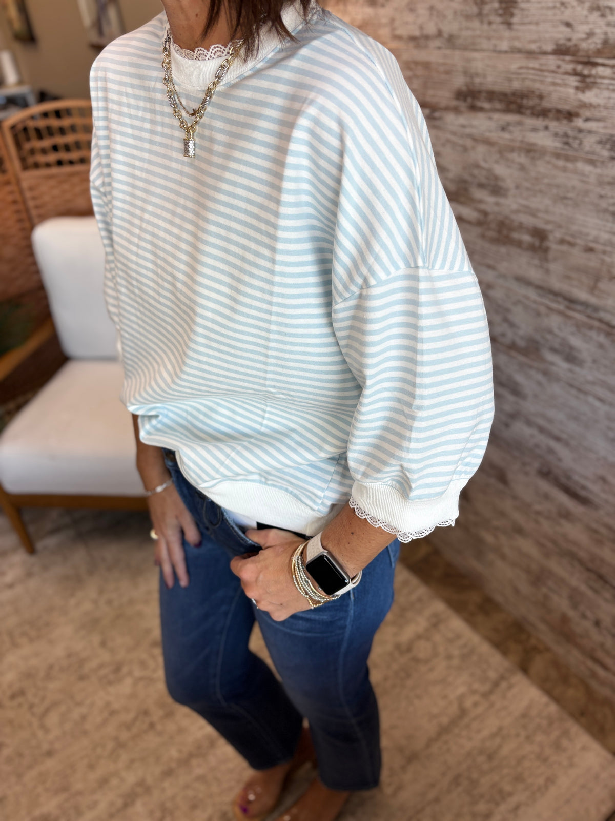 Light Blue Striped Top with Lace Trim