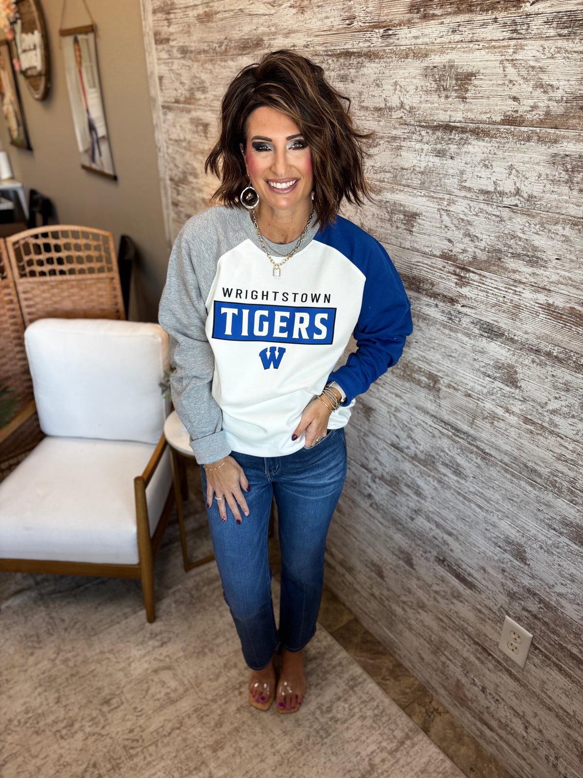 Wrightstown Tigers Pennant Royal Colorblock Crew ~Unisex