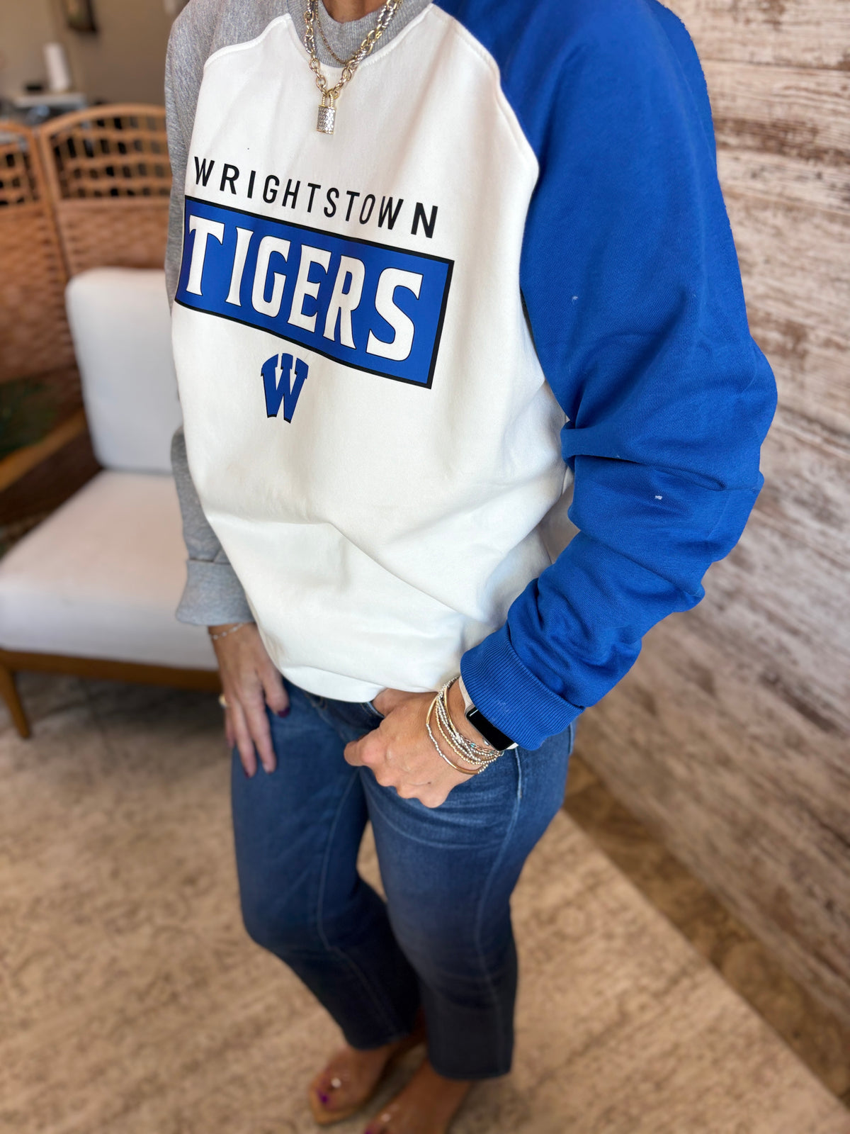 Wrightstown Tigers Pennant Royal Colorblock Crew ~Unisex