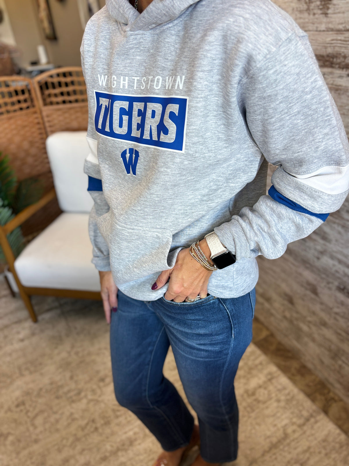 Wrightstown Tigers Royal and White Stripe Pennant Hoodie ~ Unisex