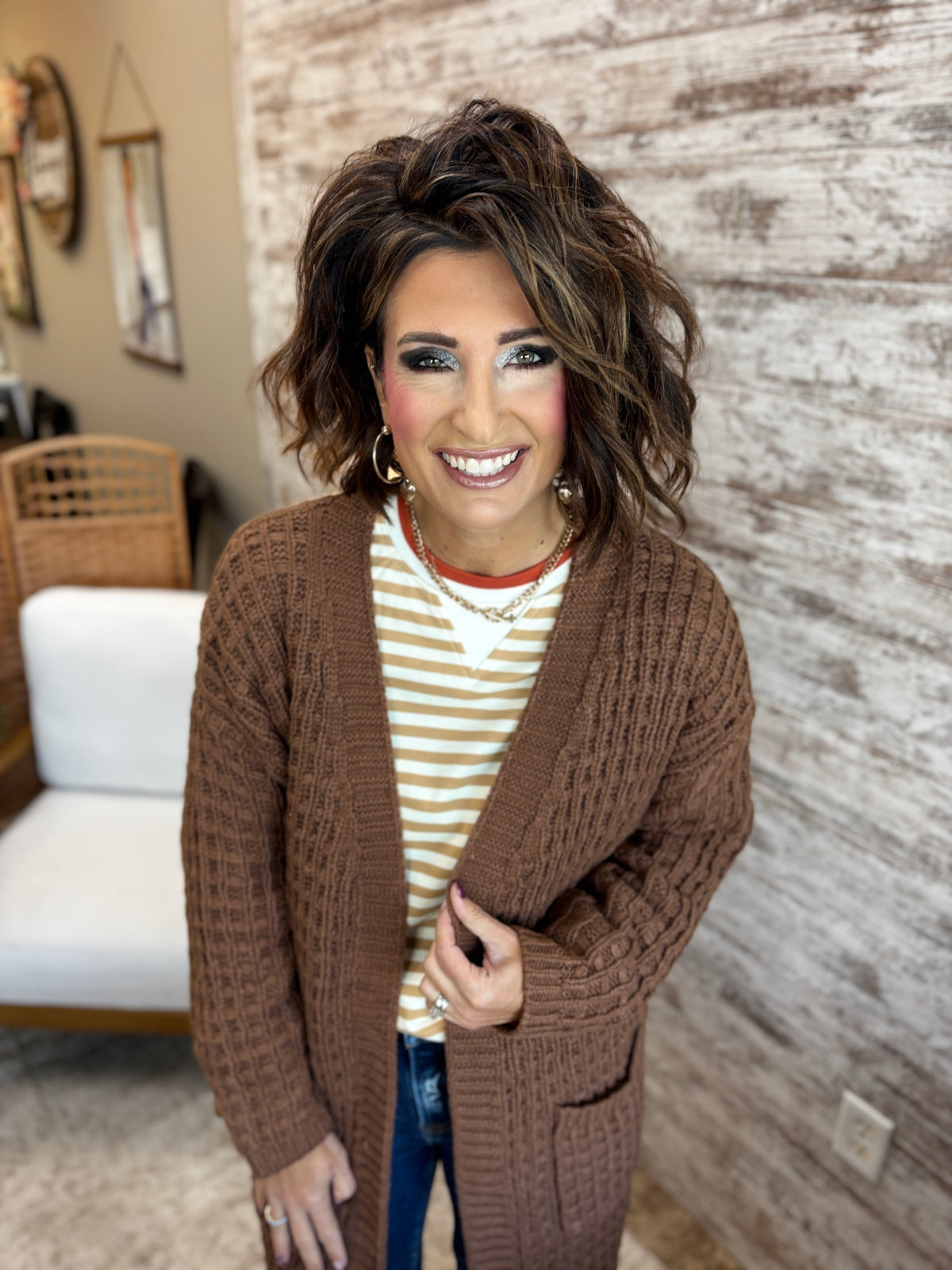 Brown Waffle Knit Open Front Long Cardigan